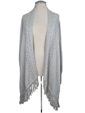 Robert Kitchen Open-Front Light Gray Boho Fringe Knit Shawl  Cardigan Ladies M